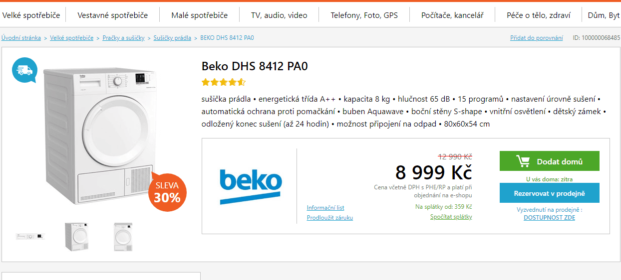 Sušička prádla Beko, 8kg, A+++