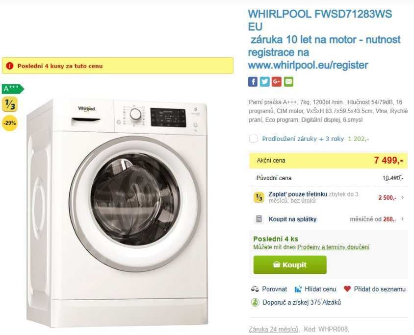Parní pračka Whirlpool, 7kg, 1200 ot., A+++