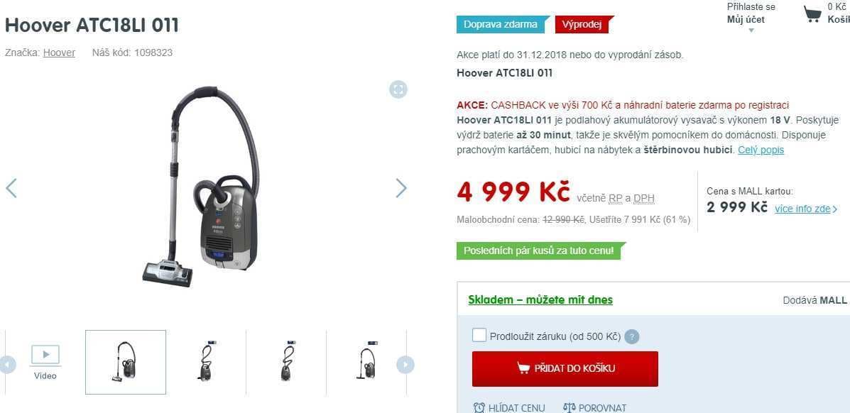 Aku vysavač Hoover, 30 minut provozu