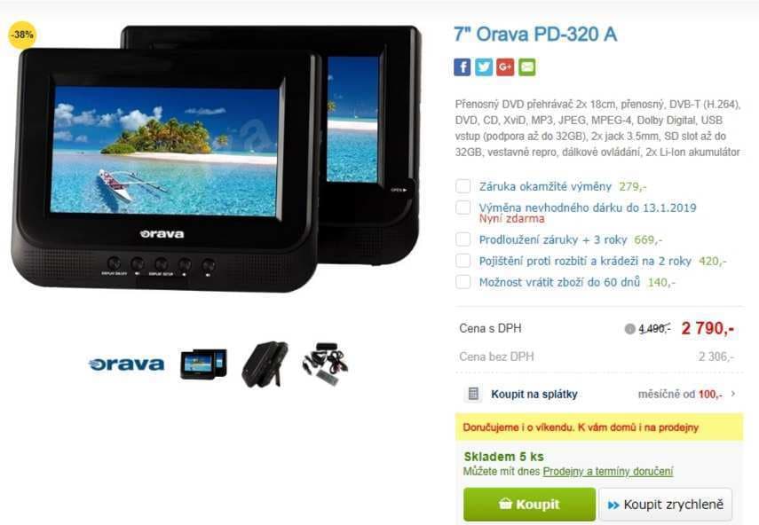 přenosný DVD přehrávač,2 monitory, Orava
