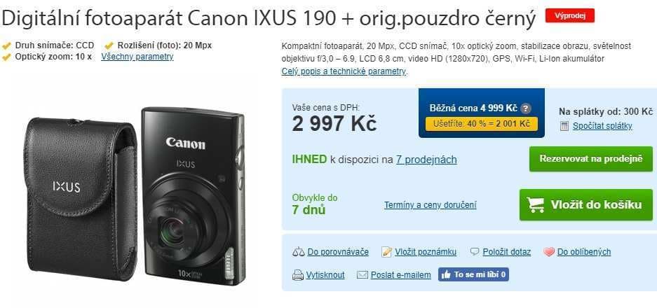 Canon Ixus 190, 20MPx, wifi, NFC, stabilizace