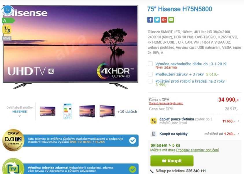 Ultra HD Smart TV, HDR, 189cm, Hisense