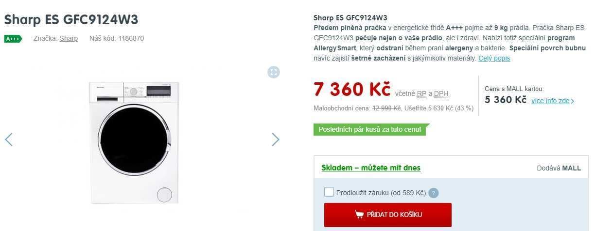 Pračka Sharp, 9kg, 1200 ot., A+++