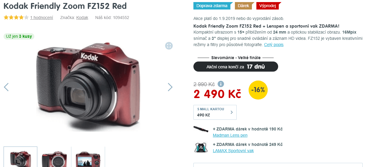 Kodak Zoom, 16,2Mpx, 15x zoom, stabilizace