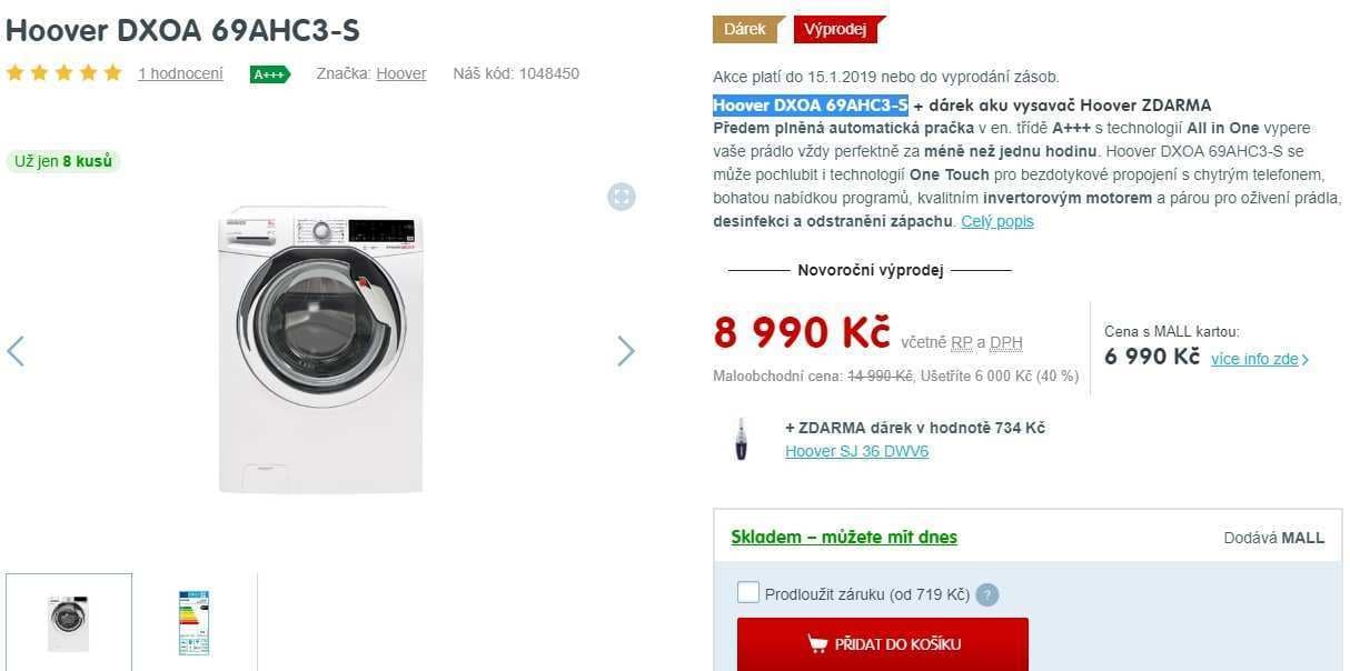 Pračka Hoover, 9kg, 1600 ot., A+++, NFC