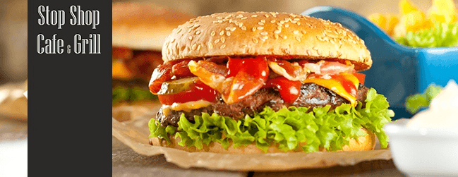 Hovězí nebo kuřecí burger, hranolky, nápoj a káva