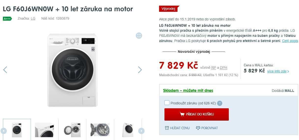 Pračka LG, 6,5kg, 1000 ot., A+++, NFC
