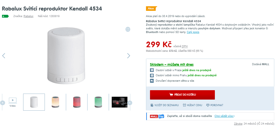 Svítící BT reproduktor Rabalux Kendall