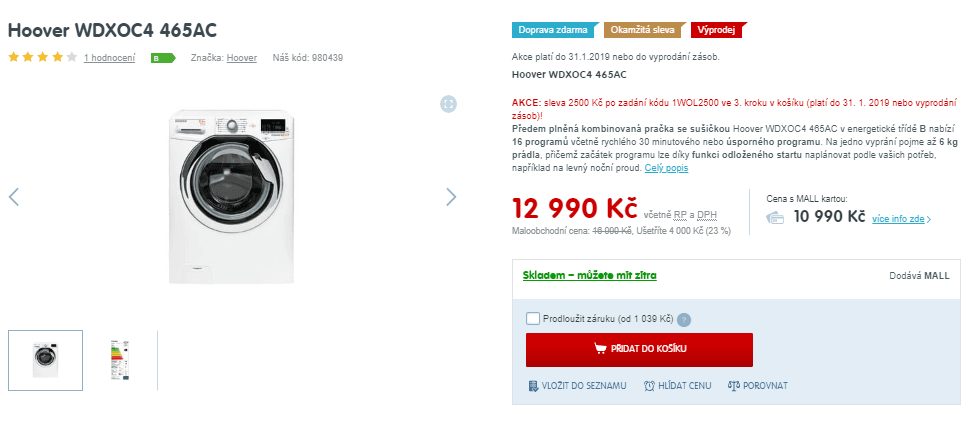 Pračka se sušičkou Hoover, 6/5kg, 1400 ot.