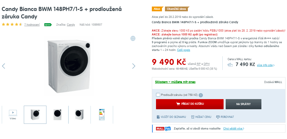 Parní pračka Candy, 8kg, 1400 ot., Wifi