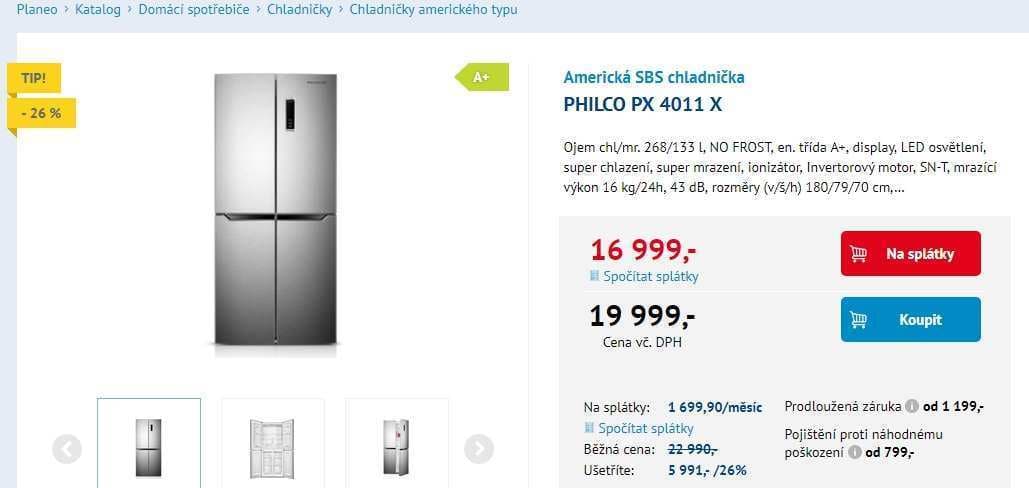 Americká lednice Philco, A++, 180x79 cm