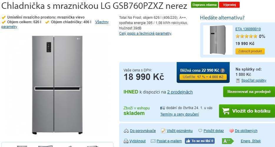 Americká lednice LG, no frost, A++, NFC