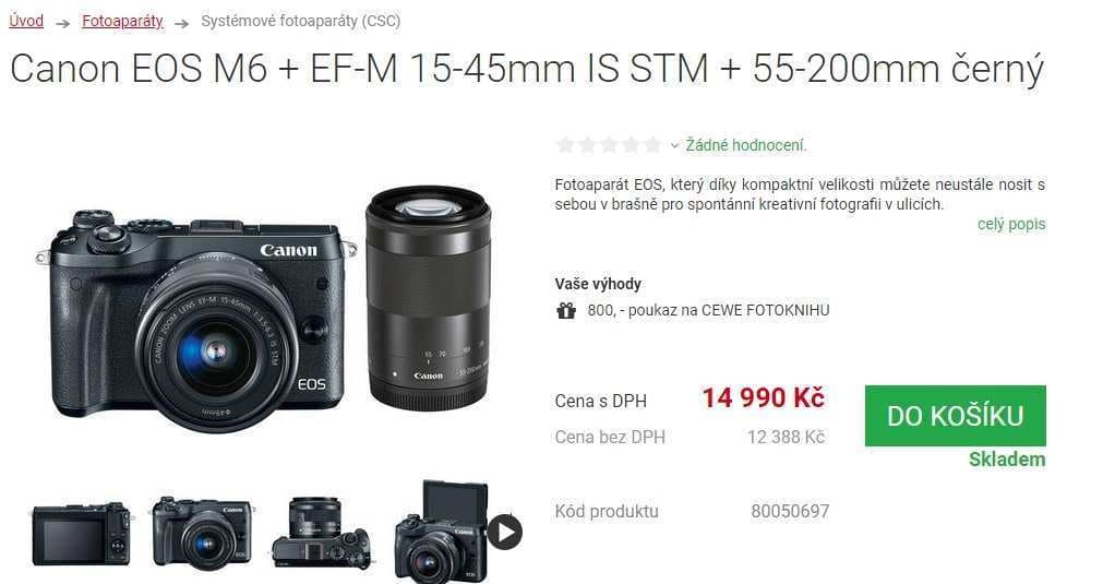 Canon EOS M6 + objektiv, 24,2MPx