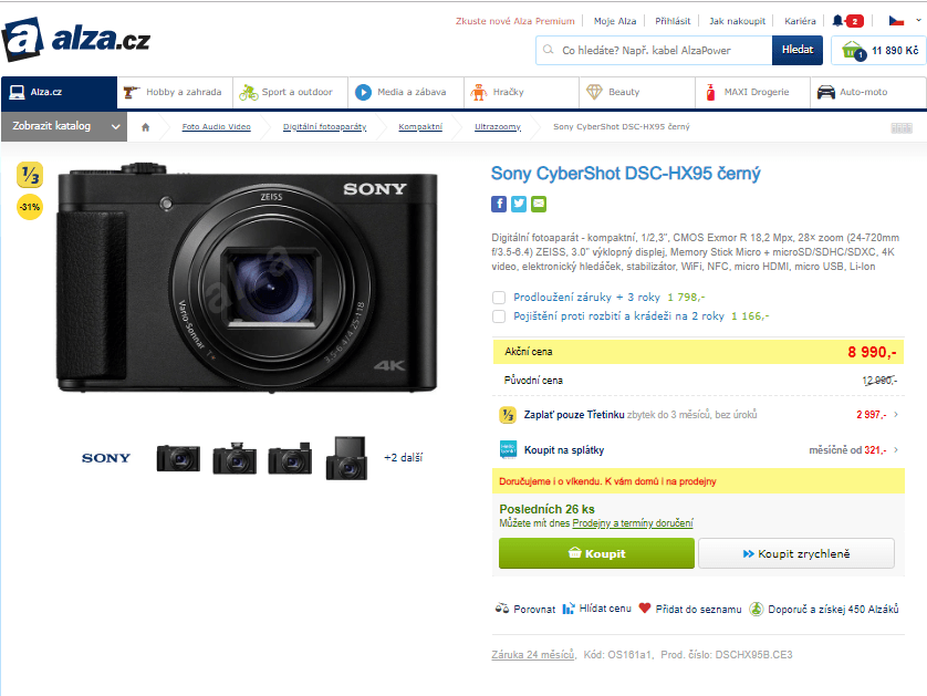 SONY HX95, 18,2MPx, 28x zoom, Wifi