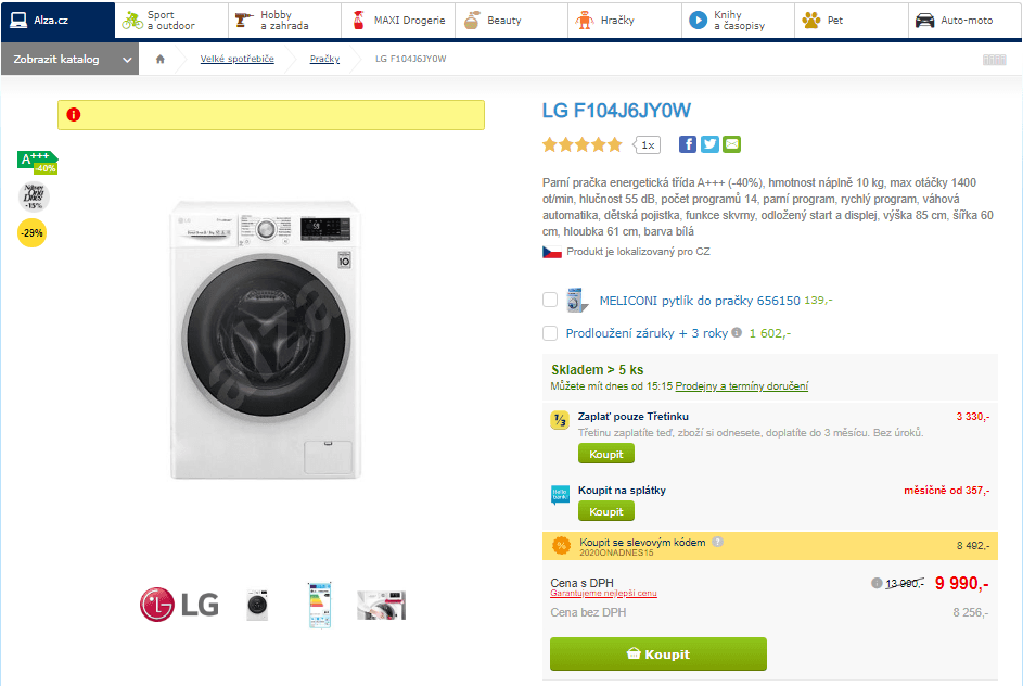 Parní pračka LG, 10kg, 1400 ot., NFC, A+++