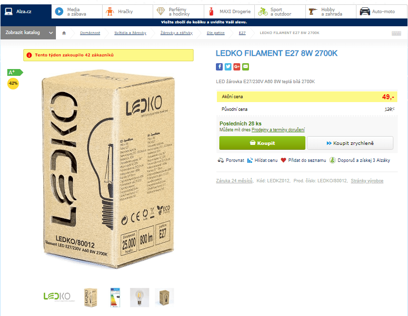 LED žárovka Ledko, E27, 8W, 2700K