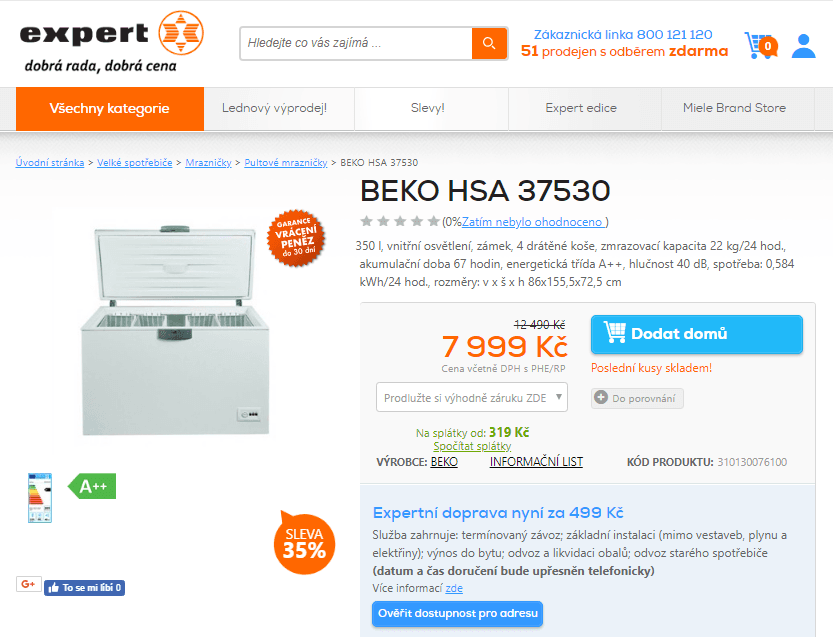 Pultový mrazák Beko, 350l, A++