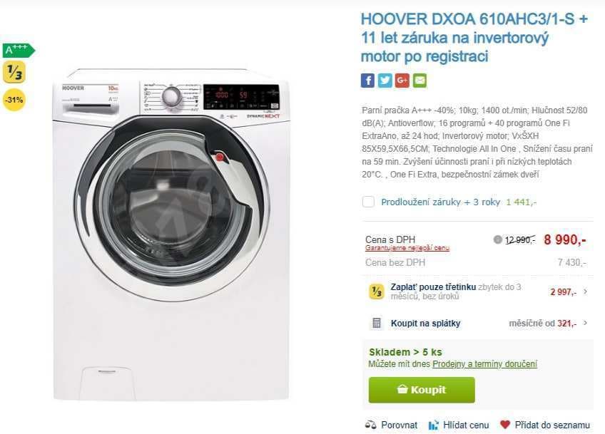 Hoover, 10kg, 1600 ot., A+++, pára