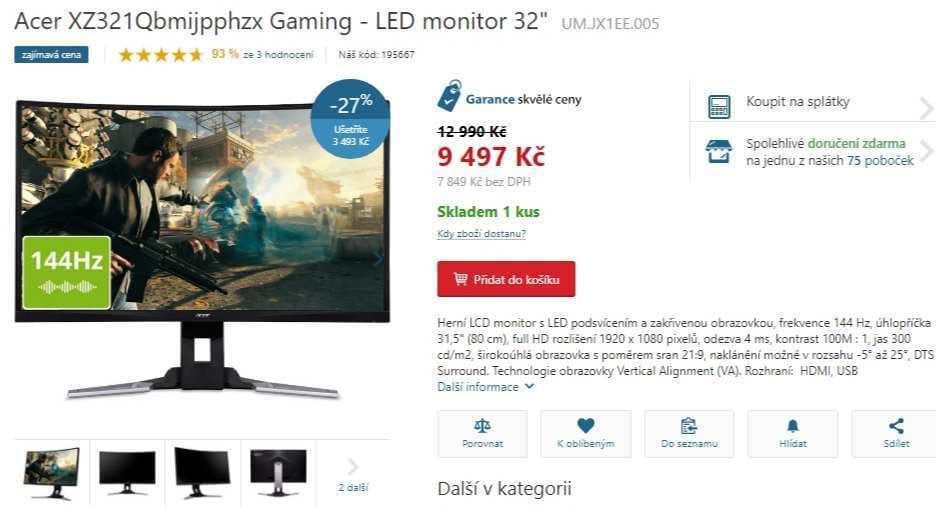 Zakřivený PC monitor Acer, 32", 21:9, DTS Surround