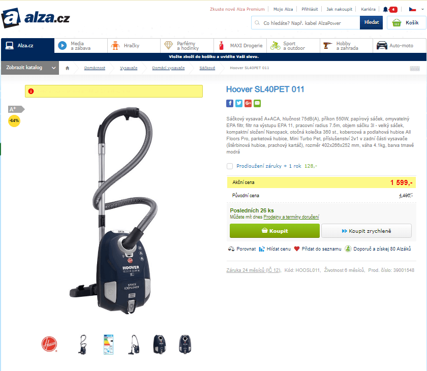 Sáčkový vysavač pro alergiky Hoover 