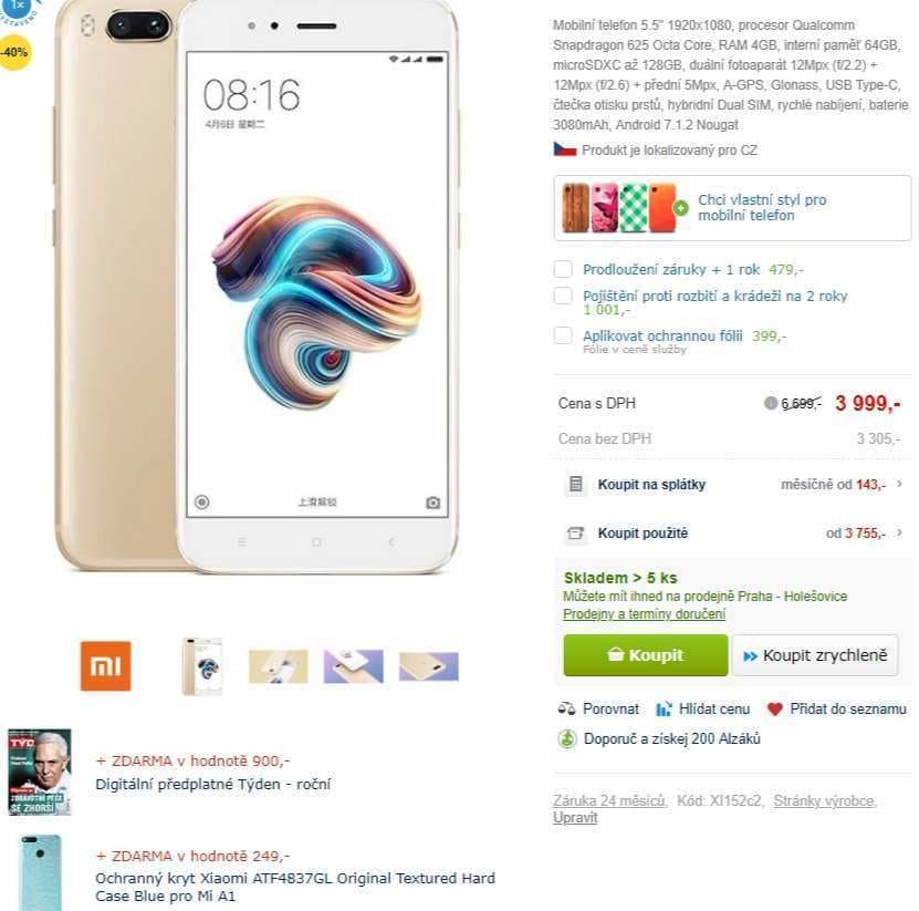 Xiaomi Mi A1, 8x 2GHz, 4GB RAM, 64GB, 5,5"