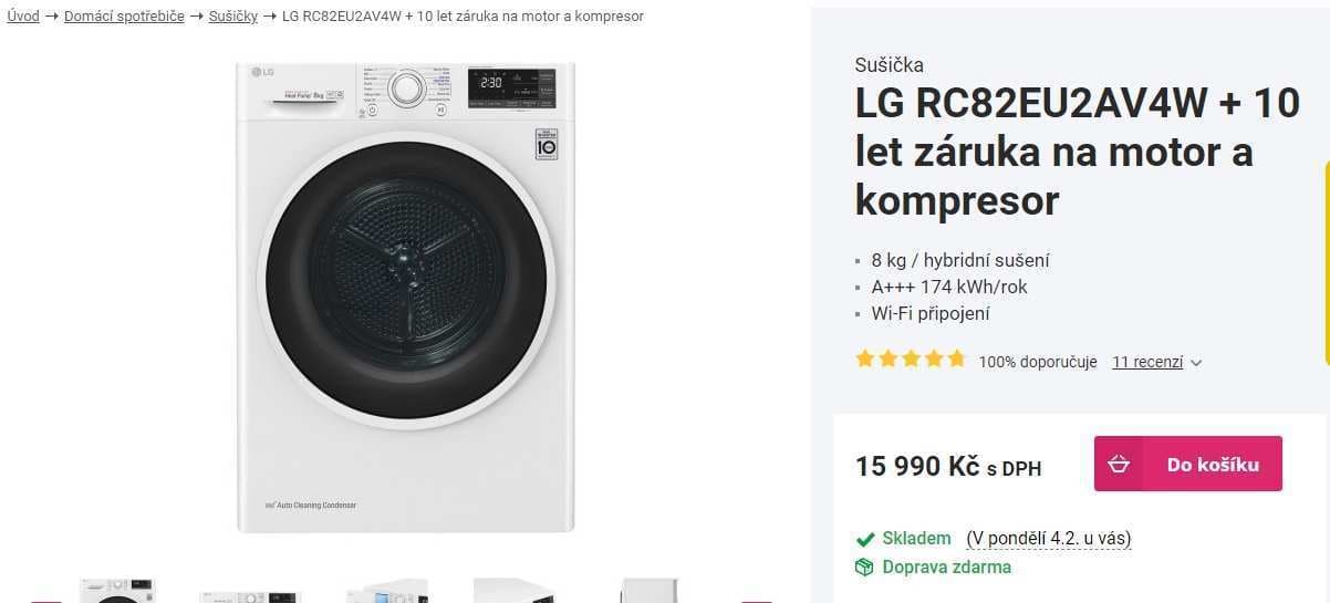 Hybridní sušička LG, 8kg, A+++
