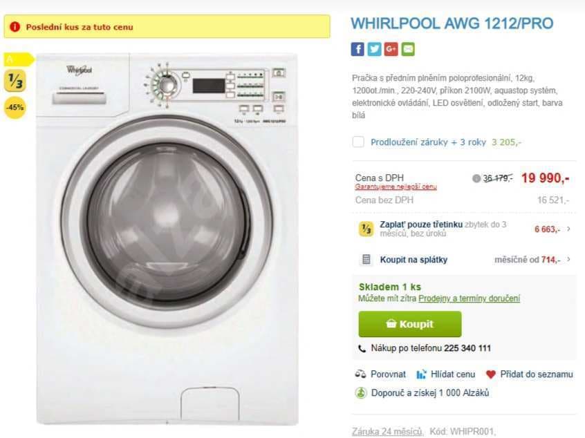 Poloprofesionální pračka Whirlpool, 12kg, 1200
