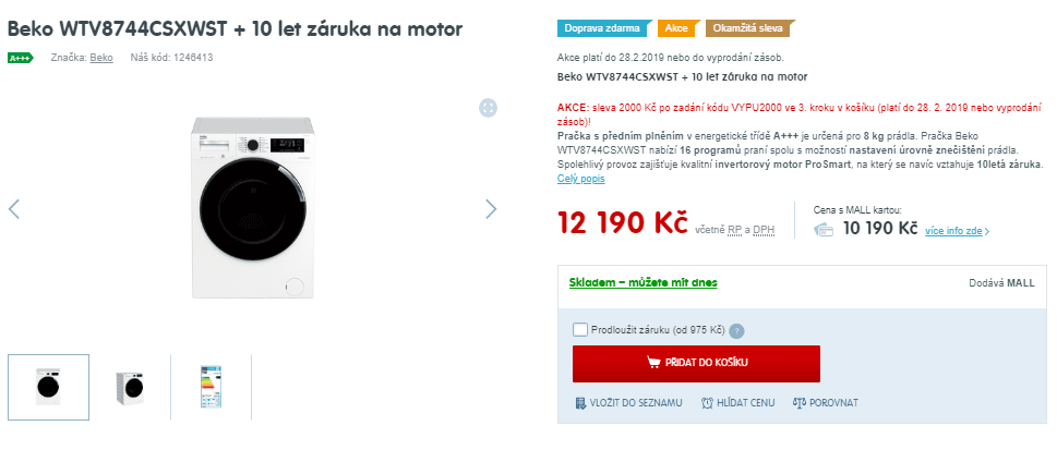 Pračka Beko, 8kg, 1400 ot., A+++, pára