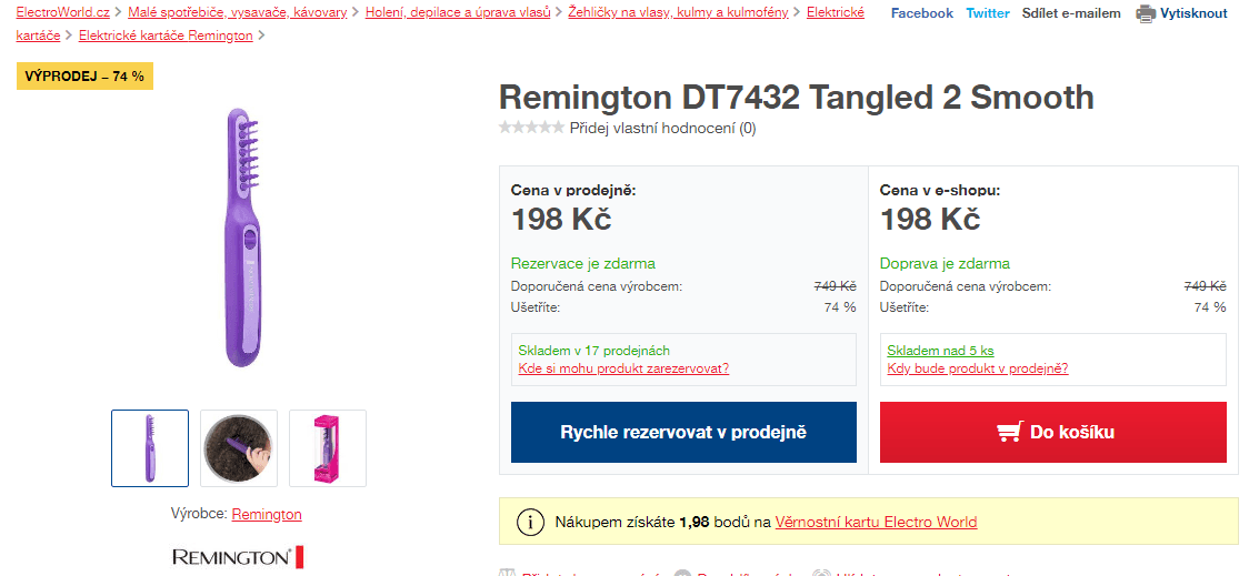 Bateriový hřeben na rozčesávání vlasů Remington