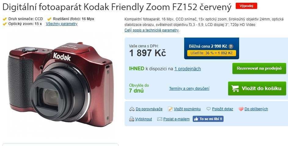 Kodak Zoom, 16,2Mpx, 15x zoom, stabilizace