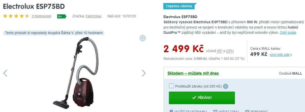 Sáčkový vysavač Electrolux ESP75BD