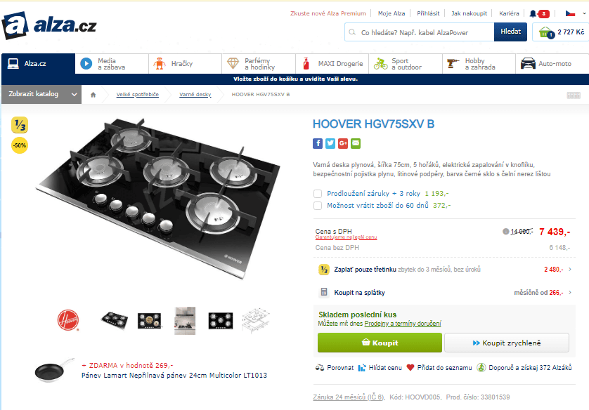 Varná plynová deska Hoover, šířka 75 cm
