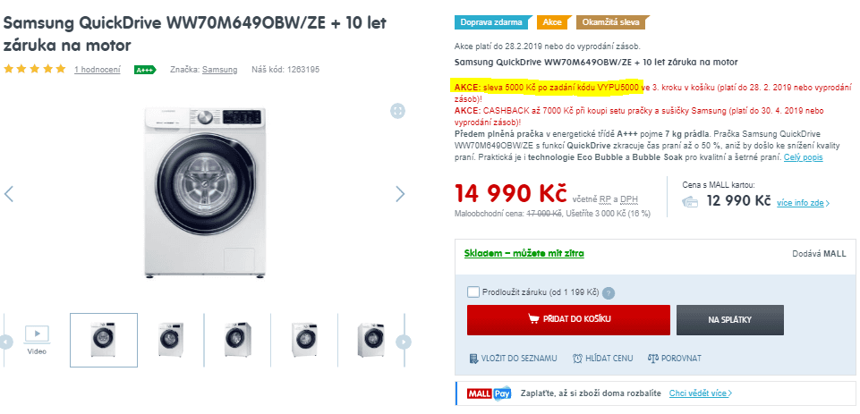 Pračka Samsung, A+++, 7 kg, 1400 ot., QuickDrive