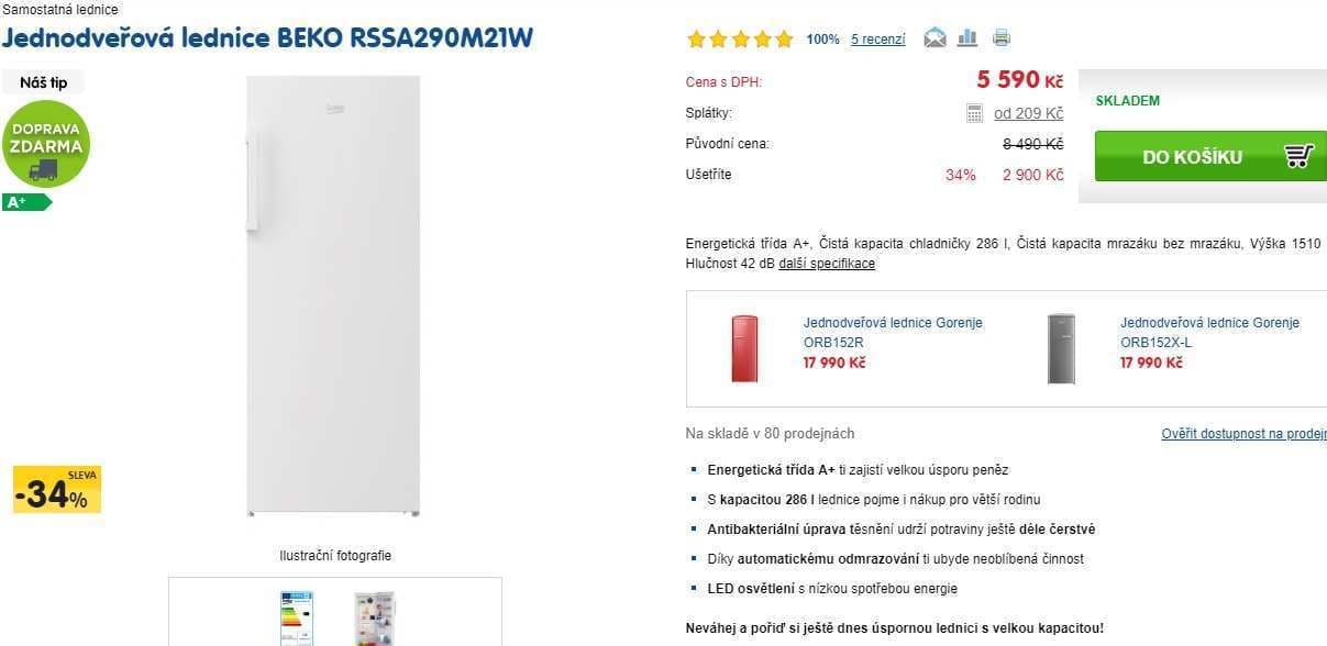 Monoklimatická lednice Beko, 151 cm