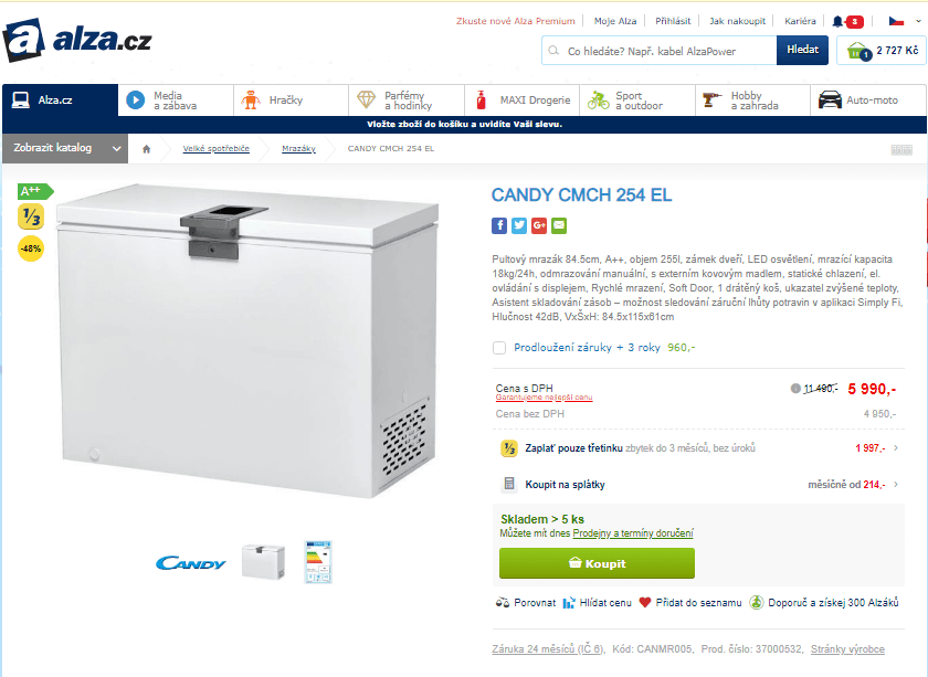Pultový mrazák Candy, A++, 255 l, LED