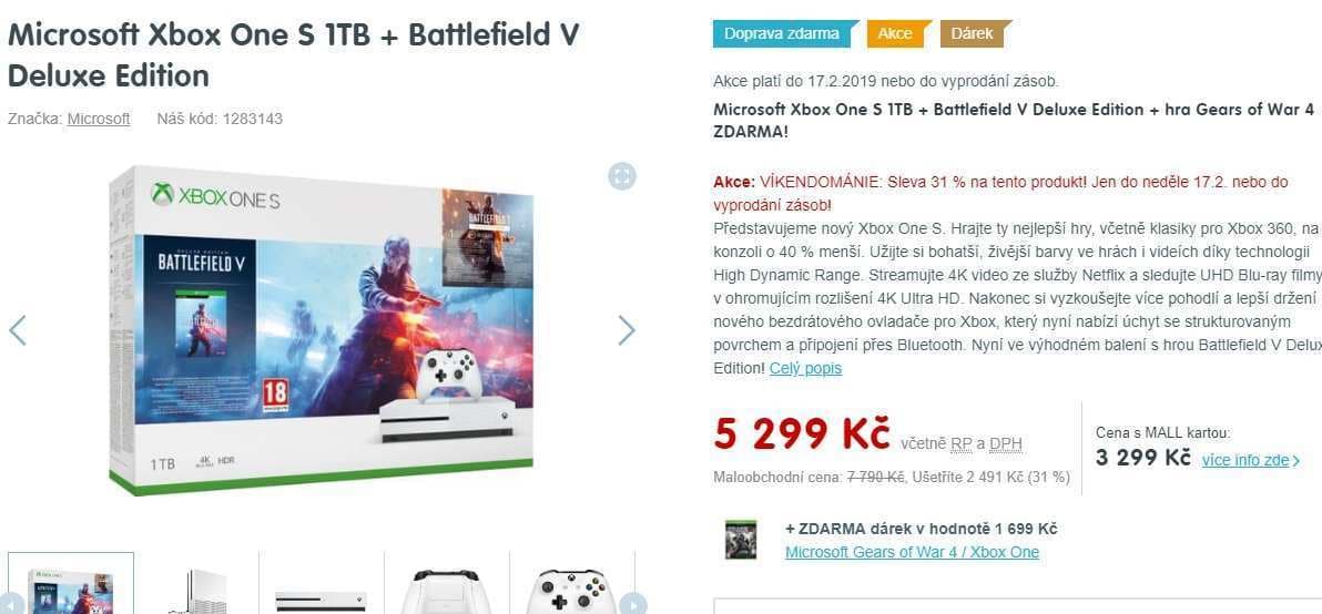 Xbox One S 1 TB + 2 hry (Battlefield, Gear of War)