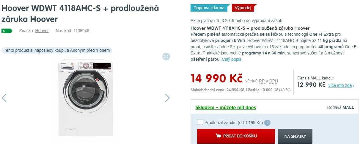 Pračka se sušičkou Hoover, 11/8kg, 1400ot.