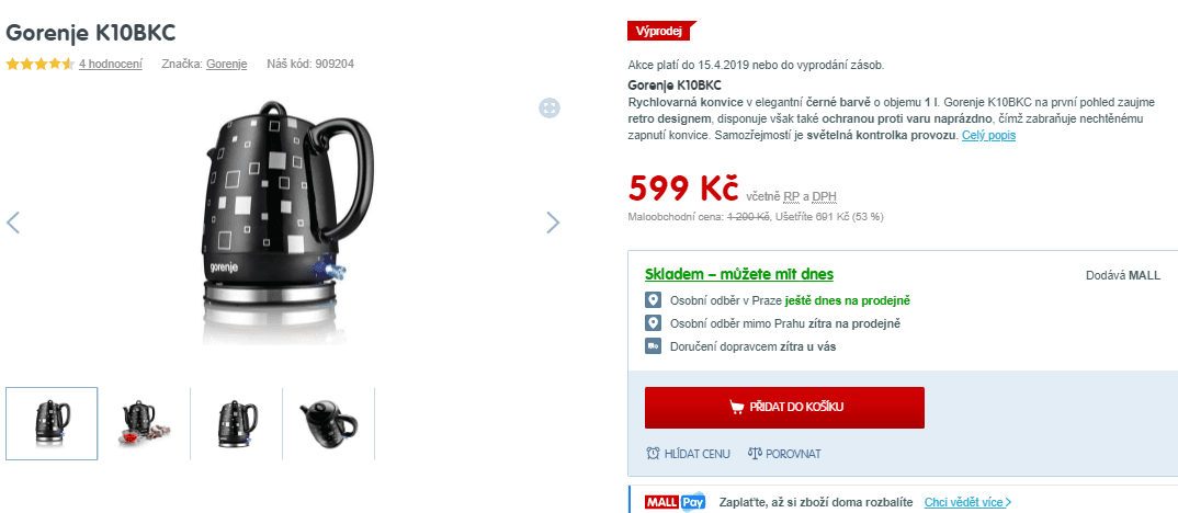 Stylová rychlovarná konvice Gorenje, 1litr