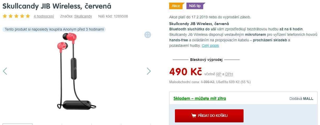Bezdrátová sluchátka Skullcandy JIB 
