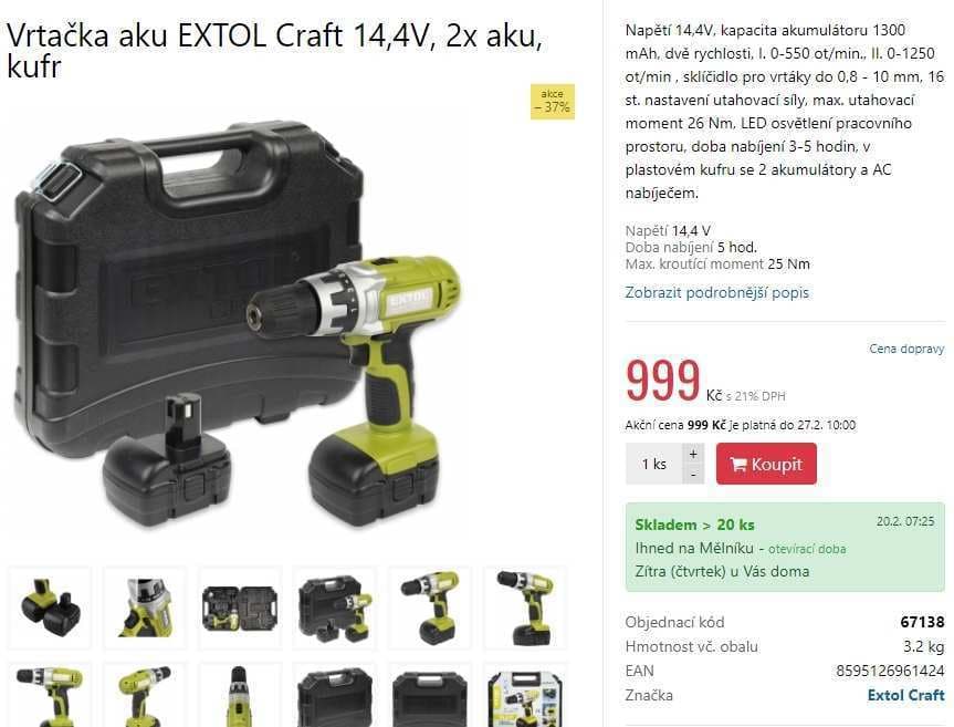 Vrtačka Extol Craft, 2 baterie