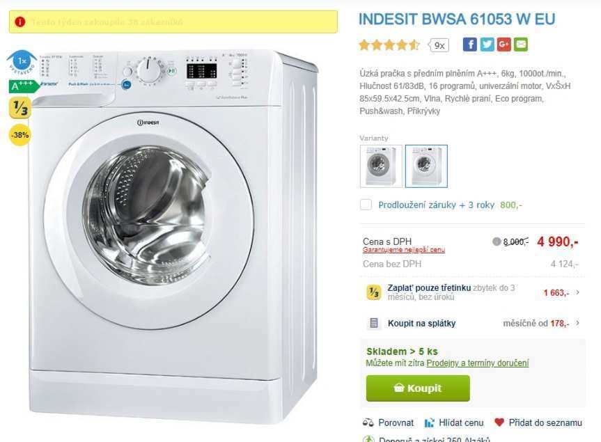 Pračka Indesit, 6kg, 1000 ot., A+++, 42,5cm