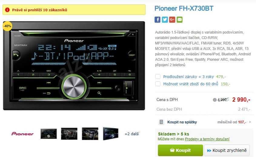 Autorádio Pioneer, CD, BT, Spotify, handsfree
