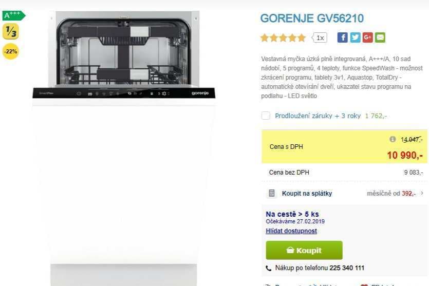 Vestavná myčka nádobí Gorenje, 10 sad