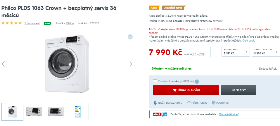  Pračka Philco, 6kg, 1000 ot., A+++