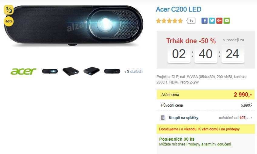 Přenosný projektor Acer, LED, baterie