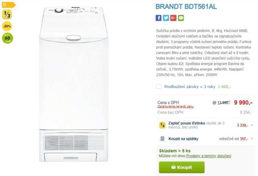 Sušička prádla Brandt, 6kg, úzká