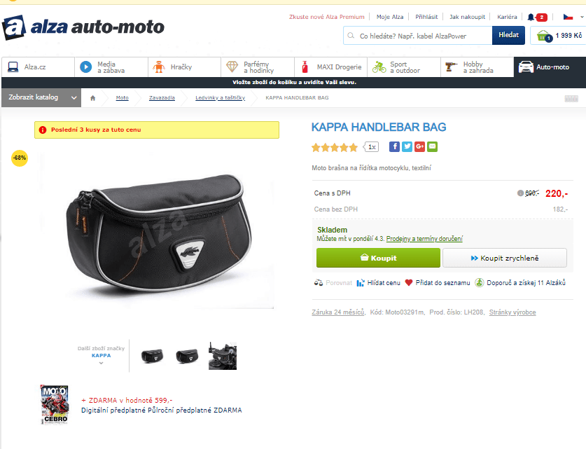 Moto brašna na řidítka motocklu