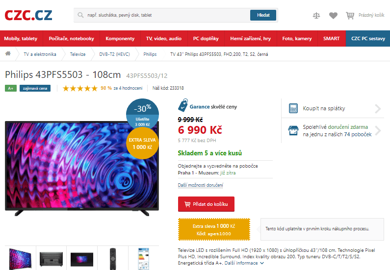 Full HD LED TV, 108 cm, T2, Philips