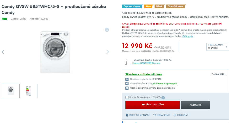 Pračka se sušičkou Candy, 8kg, pára, 1500 ot.