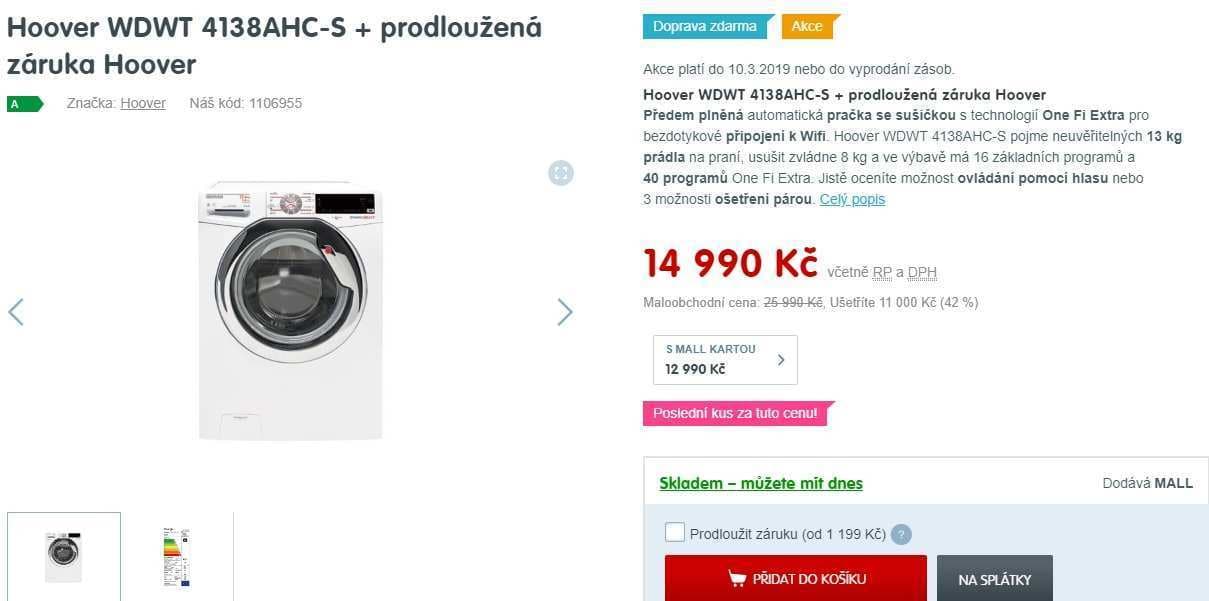 Pračka se sušičkou Hoover, 13/8kg, 1400 ot.